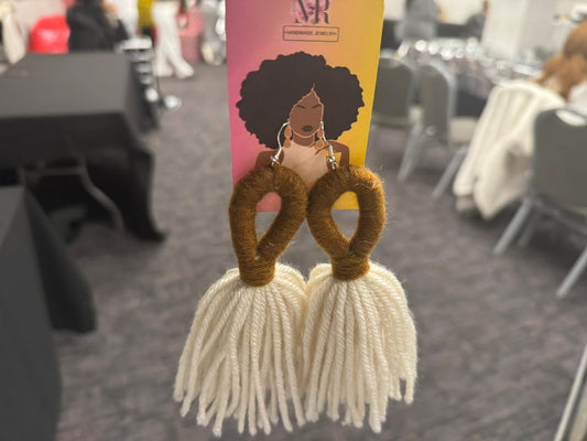 Brown and White Yarn Earrings